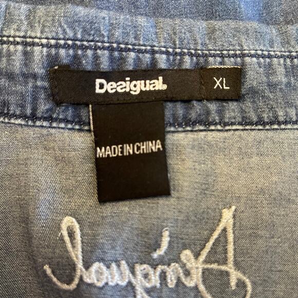 Desigual Womens Sleeveless Denim Shirt Naha XL V-Neck Button Up Aztec Side Panel - Picture 5 of 7